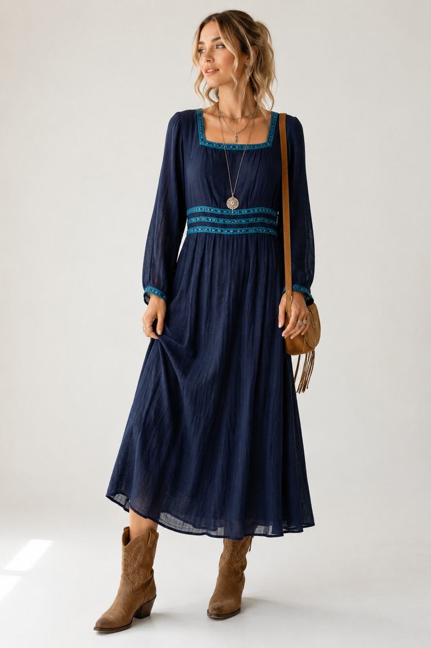 Vintage Sarah Elizabeth Blue 1990s Prairie Maci Dress Womens 6P Boho Beaded
